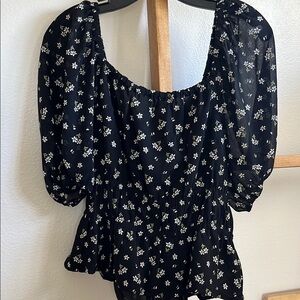Madewell Black Puff Sleeve Smocked Blouse